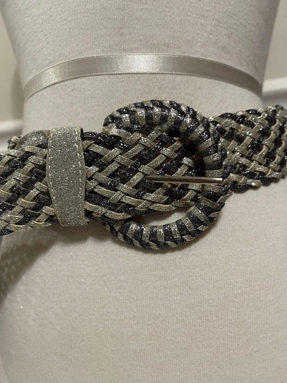 Woven Glittery Metallic Silver and Black Braided Belt